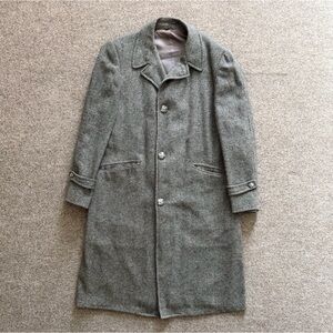 VTG Robert Hall Grey Tweed Long Wool Pea Coat Men’s L 3 Button Collared Overcoat